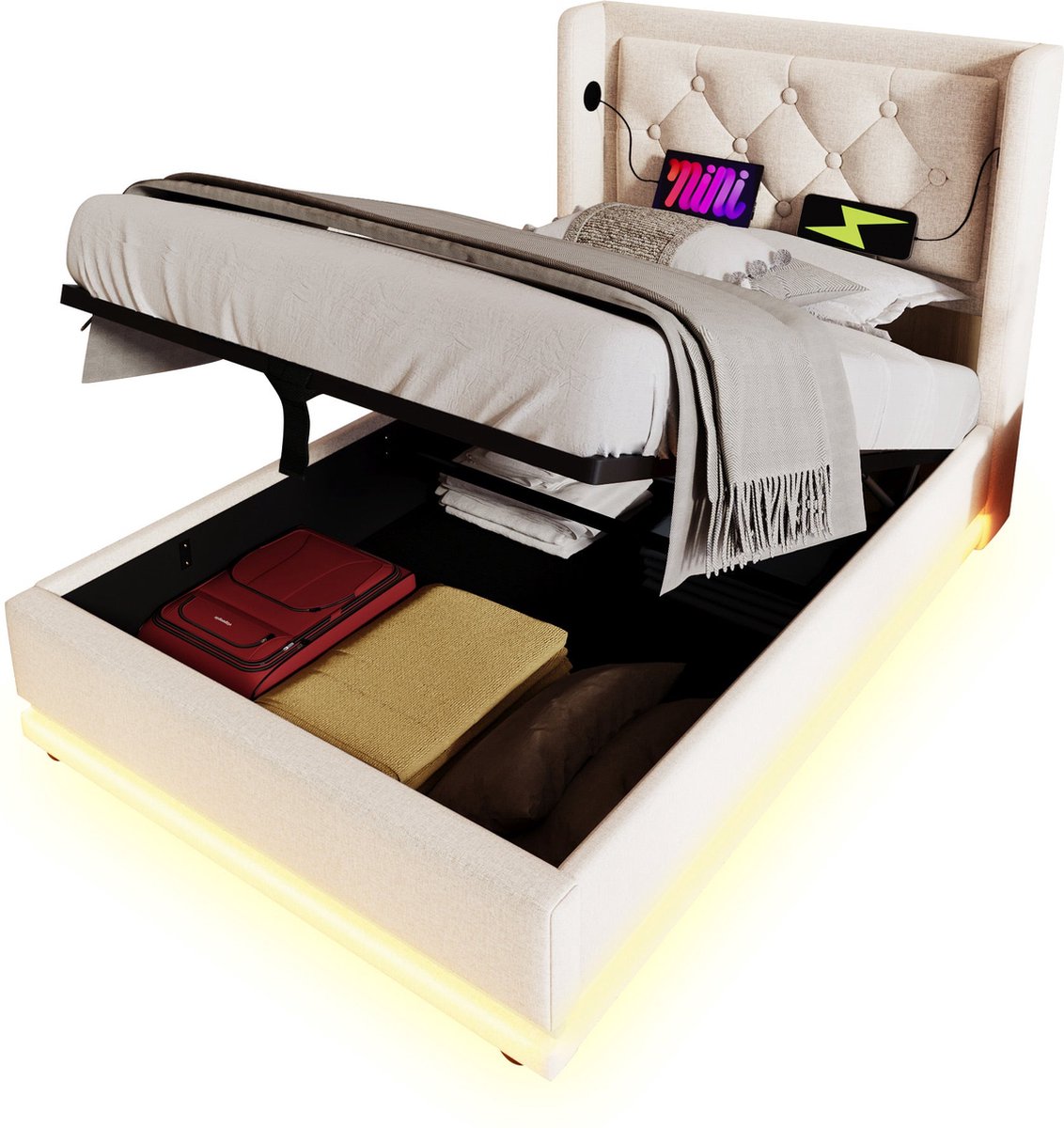 Merax Gestoffeerd Bed 90x200 cm – Beige Katoen - Hydraulische Opbergruimte - RGB LED Verlichting - USB Type-C Laadfunctie - Inclusief 7-Zones Matras