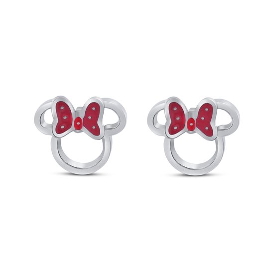 Disney 4-DIS047 Boucles d'oreilles Minnie Mouse - Clips d'oreilles - Bijoux Disney - 7,2x7,7 mm - Noeud en émail rouge - Acier - Hypoallergénique - Couleur argent
