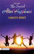 Boek kaft met de titel 'The Search After Happiness' door Charlotte Brontë, met de silhouetten van vier mensen die springen bij zonsondergang.