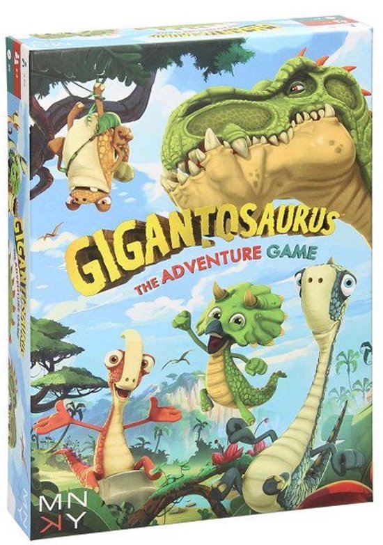 Doos van het bordspel Gigantosaurus: The Adventure Game met illustratie van dinosaurussen in een bos.