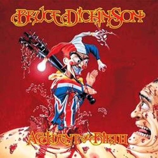 Bruce Dickinson, 'Accident of Birth' albumhoes met een gewelddadige scène met een clown en een mannelijk hoofd.
