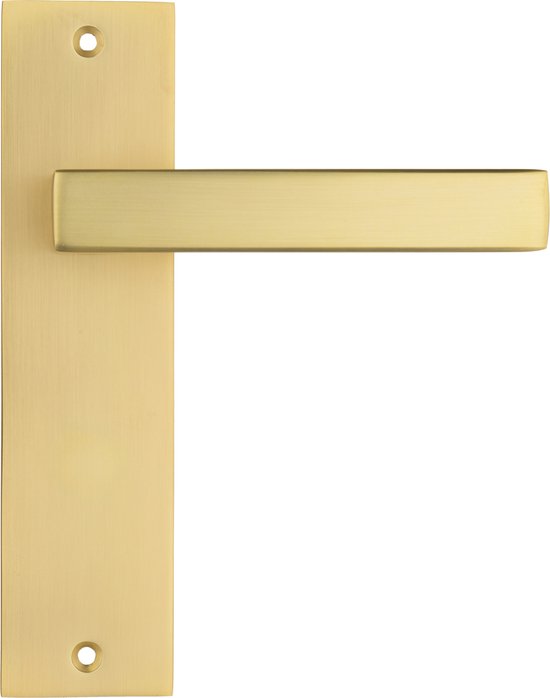 Mat gouden deurklink op een rechthoekig schild met afgeronde hoeken.