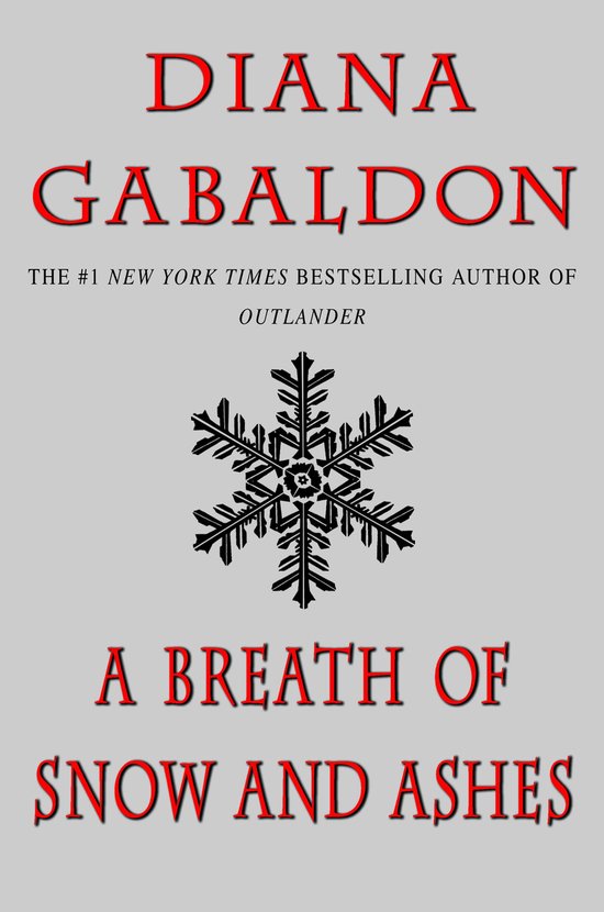 Boek "A Breath of Snow and Ashes" van Diana Gabaldon, met een zwart sneeuwvlok-icoon.