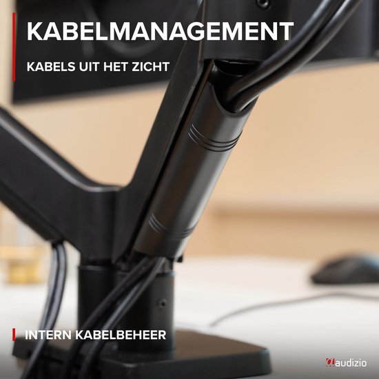 Detail van de zwarte Audizio monitorarm die kabels wegwerkt. Tekst: KABELMANAGEMENT. Interne kabelbeheer.