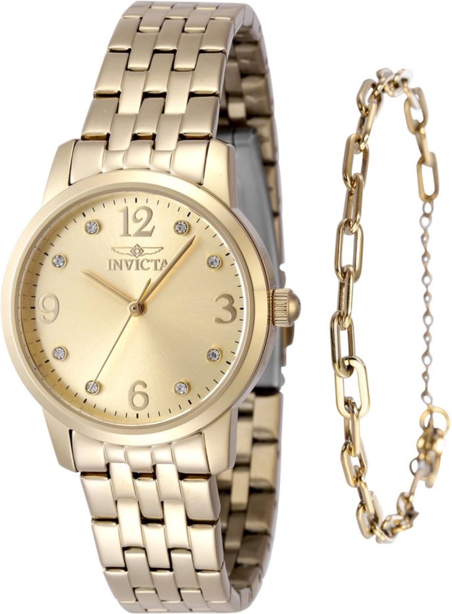 Invicta Angel 48256 Dames Horloge - Waterdicht - Analoog - Quartz Uurwerk - Roestvrij Staal met gouden Wijzerplaat - 32mm