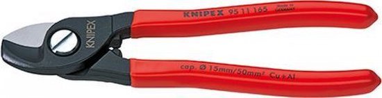 Grijze kniptang met rode handvatten, met tekst 'KNIPEX 95 11 165 MADE IN GERMANY' en 'cap. Ø 15mm/50mm² Cu+Al'.