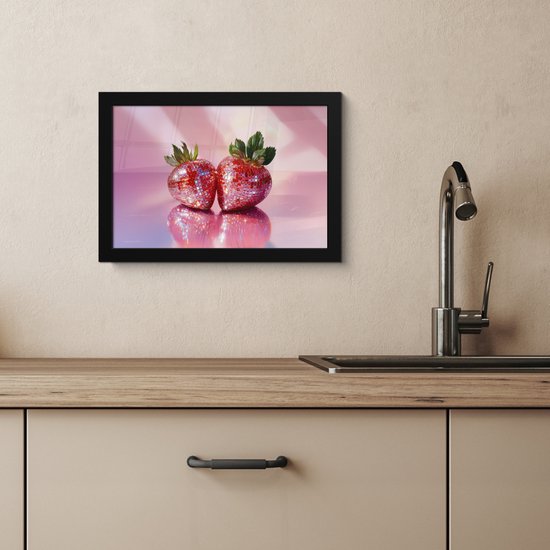 Fotolijst inclusief poster - Posterlijst 30x20 cm - Posters - Disco - Fruit - Glitter - Strawberry - Foto in lijst - Keuken decoratie muur - Wanddecoratie accessoires - Muurdecoratie - Schilderijen