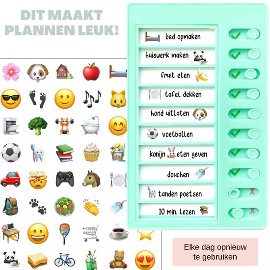Roze planbord met takenlijst en emoji-stickers. Takenlijst met vinkjes en kruisjes.