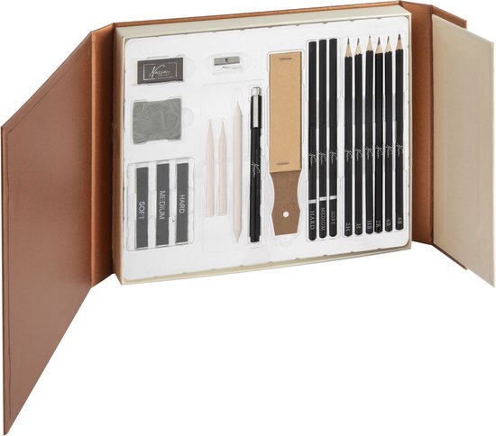 Open luxe geschenkverpakking "Sketching Set" met 22 tekenonderdelen.