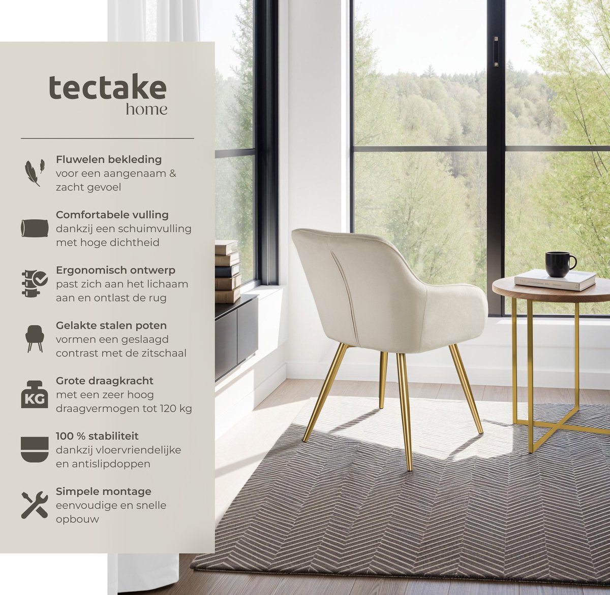 tectake® Eetkamerstoel Marilyn - Met Armleuningen - Elegante Stoel met Gevoerde Zitting in Fluweellook - Gestoffeerd - Gouden Metalen Poten - Ergonomische Keukenstoel - Stoel voor Woonkamer, Eetkamer en Slaapkamer - Creme – foto 5