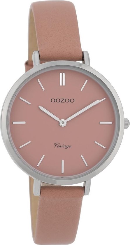 Zilverkleurige OOZOO horloge met warm roze leren band - C9812