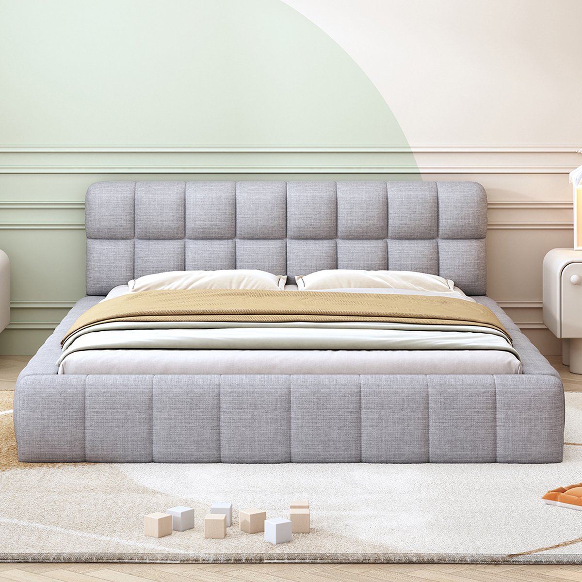 KOMHTOM Tweepersoonsbed Volwassen bed 140 x 200 cm Gestoffeerd frame met zachte rugleuning Linnen Grijs