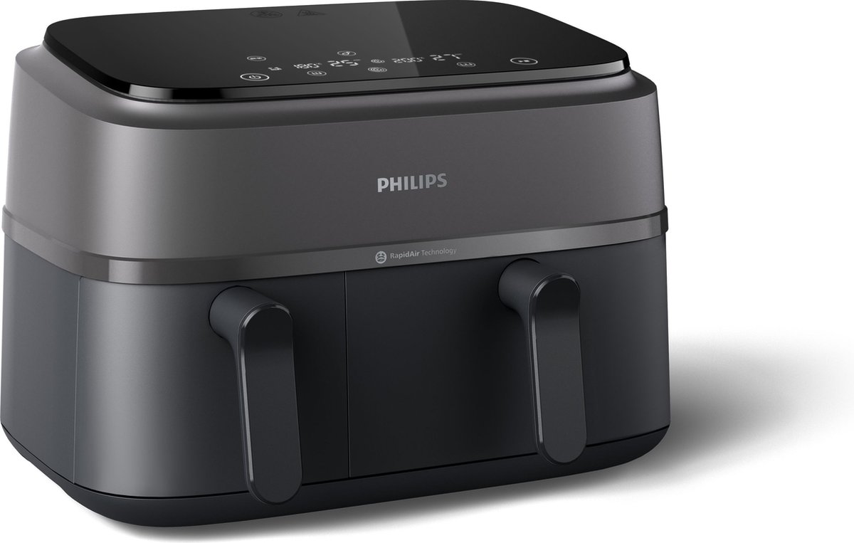 Afbeelding 3 van Philips 3000 Series Dual Airfryer - NA350/03 - Dubbele Mand - 9L - Tot 6 Personen - Zwart/Grijs - Met accessoires