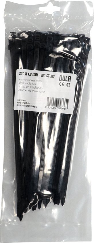 Verpakking met 100 zwarte kabelbinders van 200 x 4,8 mm van DULA.