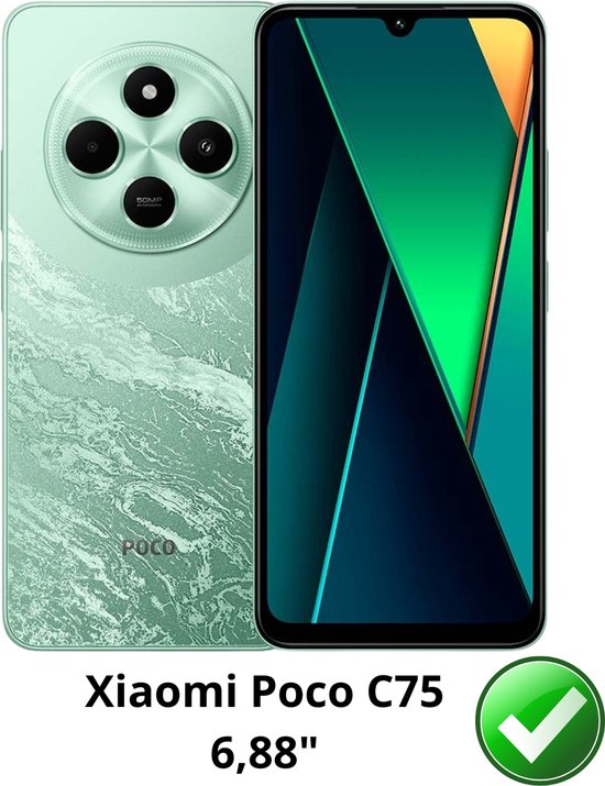 Mintgroen Xiaomi Poco C75 met marmertextuur achterkant en camera-eiland.
