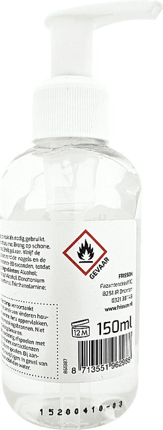 Handgel 150ml met pompdispenser. Transparante vloeistof met waarschuwingssymbolen en tekst.