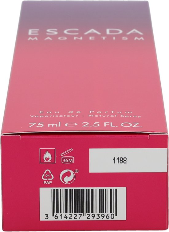 Doosje Escada Magnetism, Eau de Parfum, 75 ml, met icoontjes en een barcode.