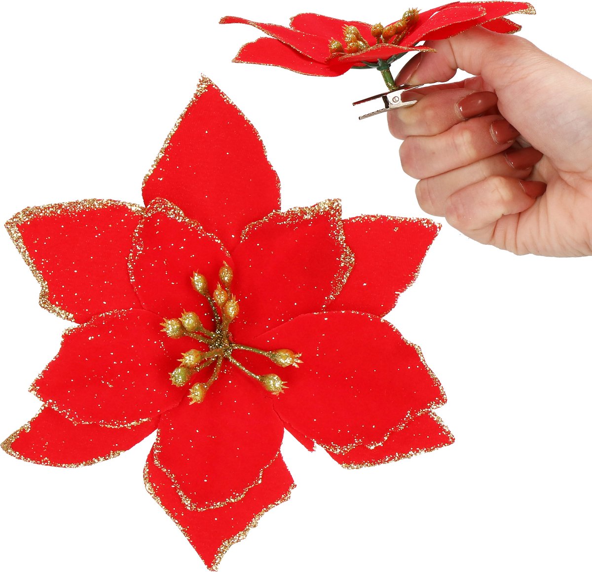 Springos Kunstbloem - Ster van Bethlehem - Rood - Glitters - Clip