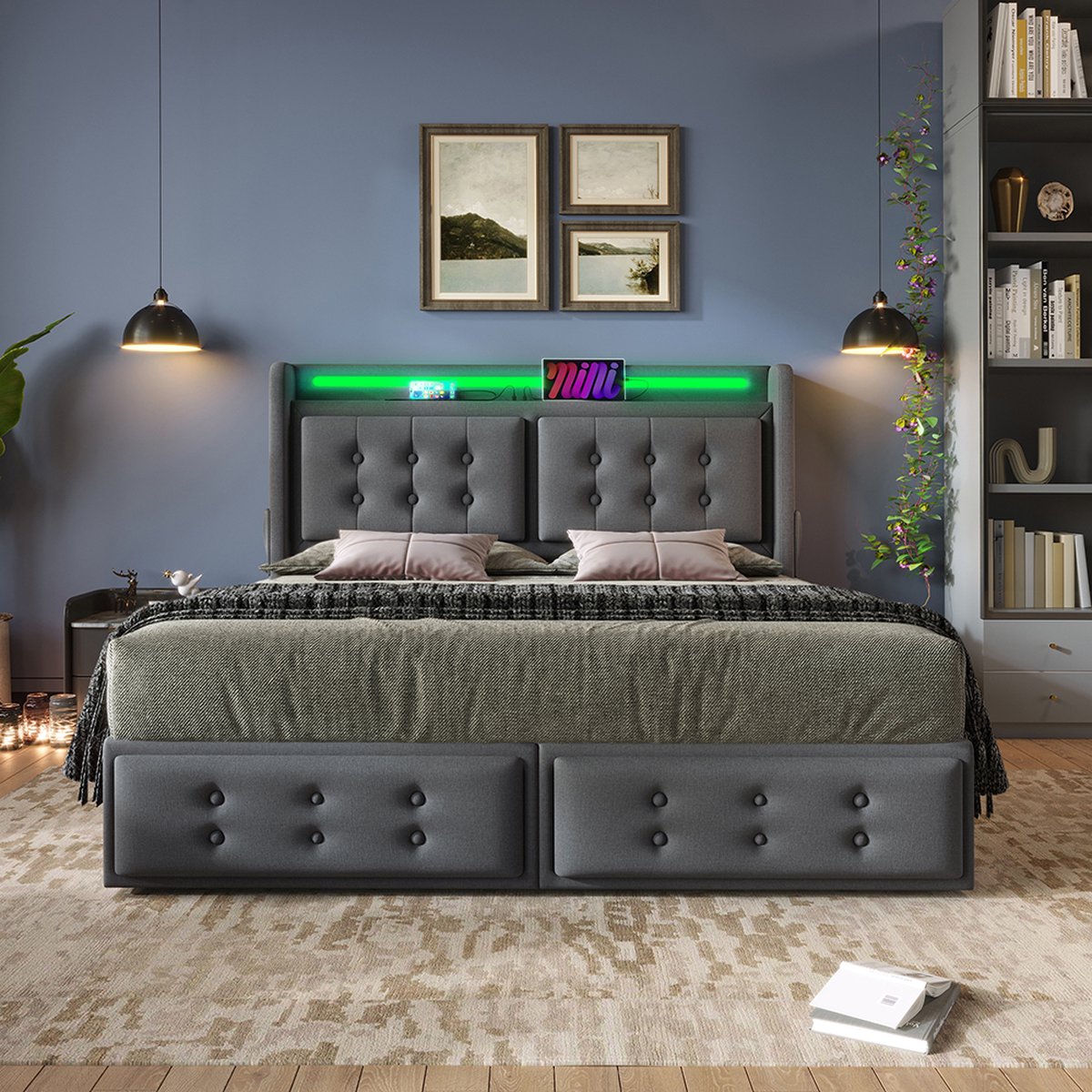 KOMHTOM Tweepersoonsbed Volwassen bed 180x200 met Led-hoofdbord en USB C-oplaadfunctie en 4 laden Linnen Grijs