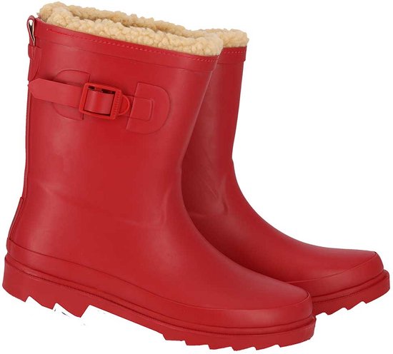 Rode regenlaarzen met teddy voering, gespdetails en dikke zolen.