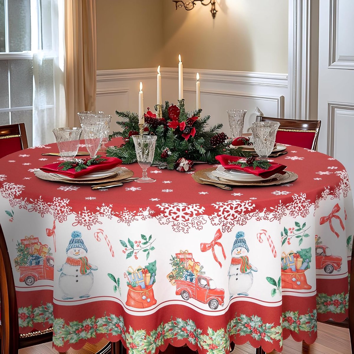 Kersttafelkleed - Rond waterdicht en vlekbestendig tafelkleed - Kerstsneeuwvlok Sneeuwpop Tafelkleed - Perfect voor familiebijeenkomsten Kerstdiner Vakantie Feest Woondecoratie - 150cm – foto 3