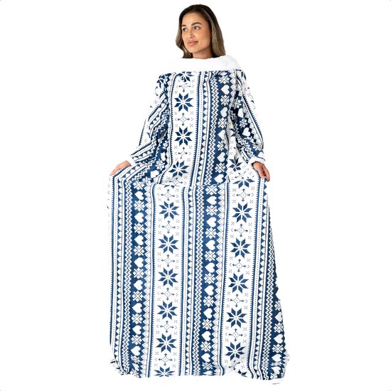 Fleece Deken met Mouwen - Hoodie Deken - Hoodie Blanket - Huggle Hoodie - Snuggle Hoodie - Dekens - Plaid met Mouwen - TV Deken - Wit met Blauw - Dames en Heren - Volwassenen - 180x130 cm - Noodpakket - Kerstcadeau - Snuggie Moment