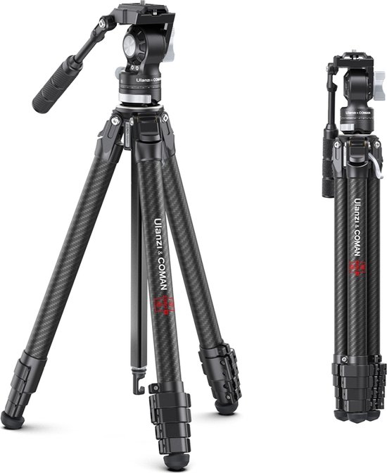 Ulanzi x Coman Zero V carbon reisstatief met Videokop - Arca-Swiss compatibel - Tot 157 cm - fluid head - Omkeerbare middenkolom - Lichtgewicht met draagtas - Zwart
