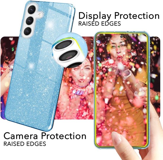 Casemania Coque & Glas Adapté pour Samsung Galaxy A16 - Blauw - Coque Arrière Glitter - 2x Protecteur d'écran en Verres