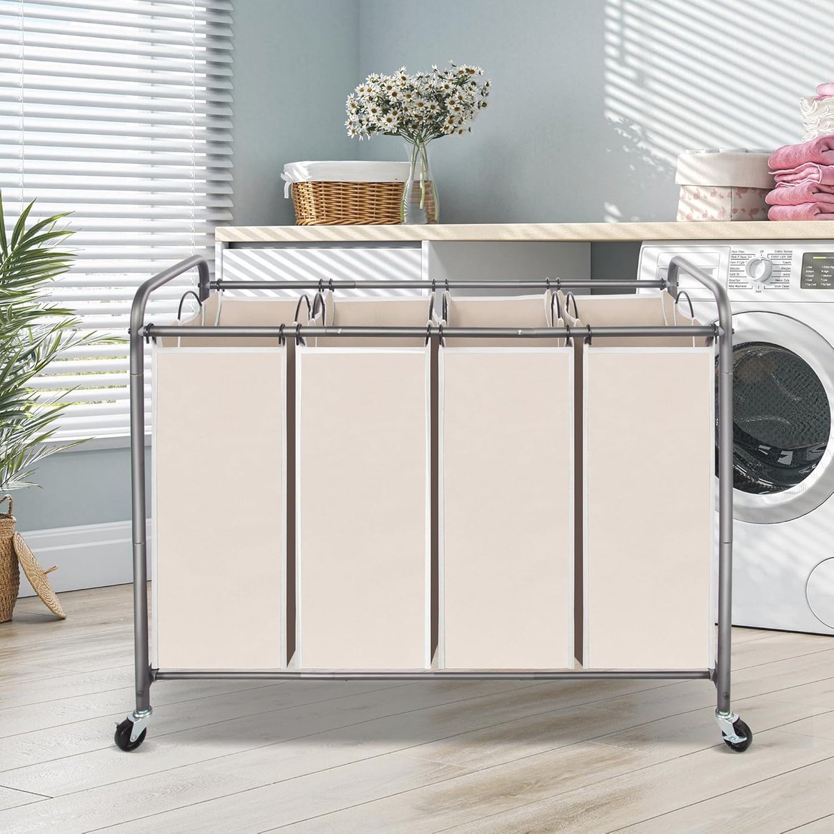 Goedkoopste Wasmand Organizer met Wielen en Verwijderbare Zakken - 4 Secties voor Vuile Kleding