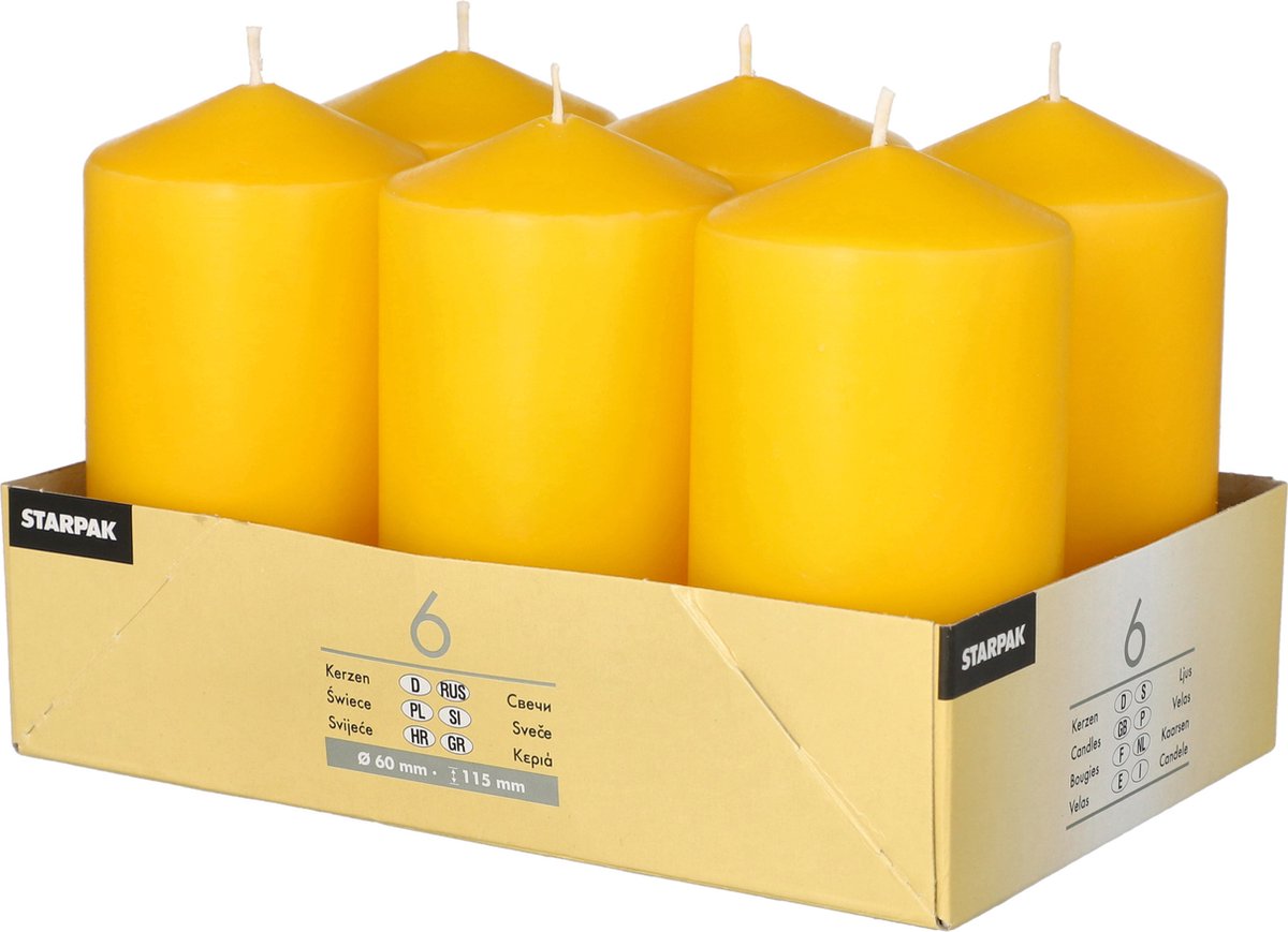 Conpax candles Stompkaarsen/zuilkaarsen set van 6x - geel - D6 x H12 cm - 24 branduren