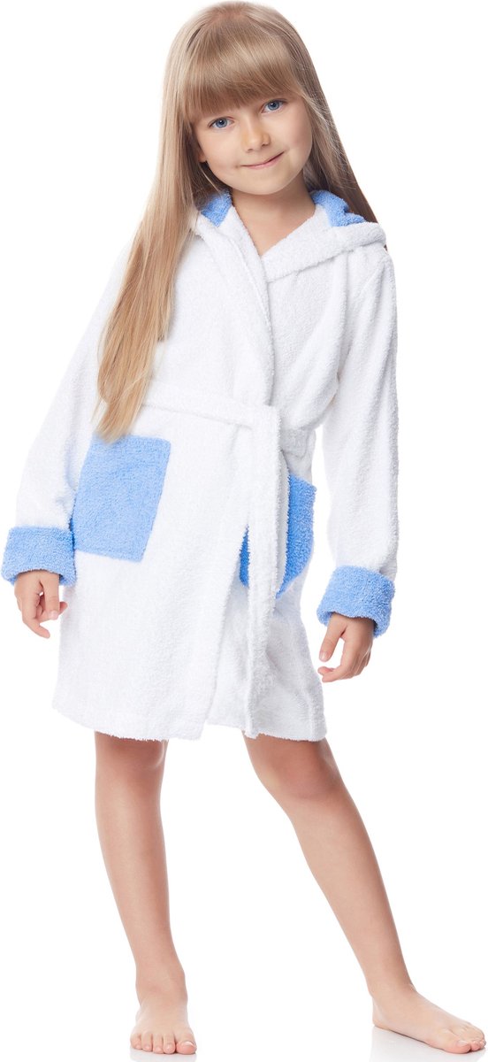 Ladeheid Kinderen Badjas met Capuchon - Wasmachine bestendig - Katoen - Badstof - LA-LA40-103-DG - Weiß/Blau (P1/M9) - 146-152
