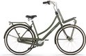 Legergroene transportfiets met bagagedrager voor en achter, en witte velgen.