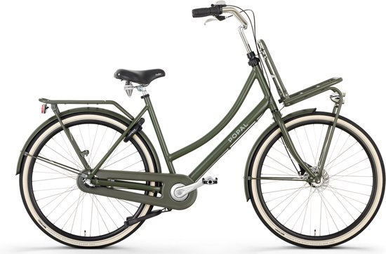 Legergroene transportfiets met bagagedrager voor en achter, en witte velgen.