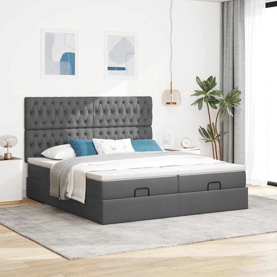 vidaXL Lit ottoman avec matelas et lumières LED, 200 x 200 cm, tissu, gris foncé