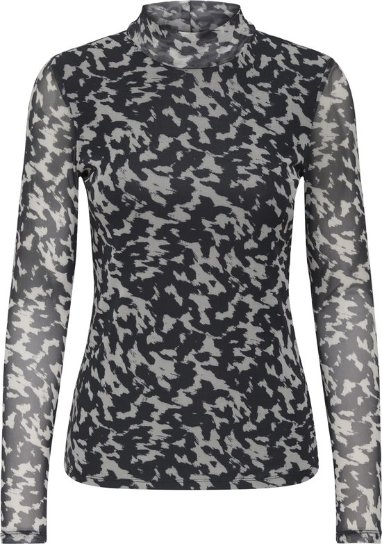 Longsleeve met hoge hals en abstracte print in nachtblauw en beige, frontaal.
