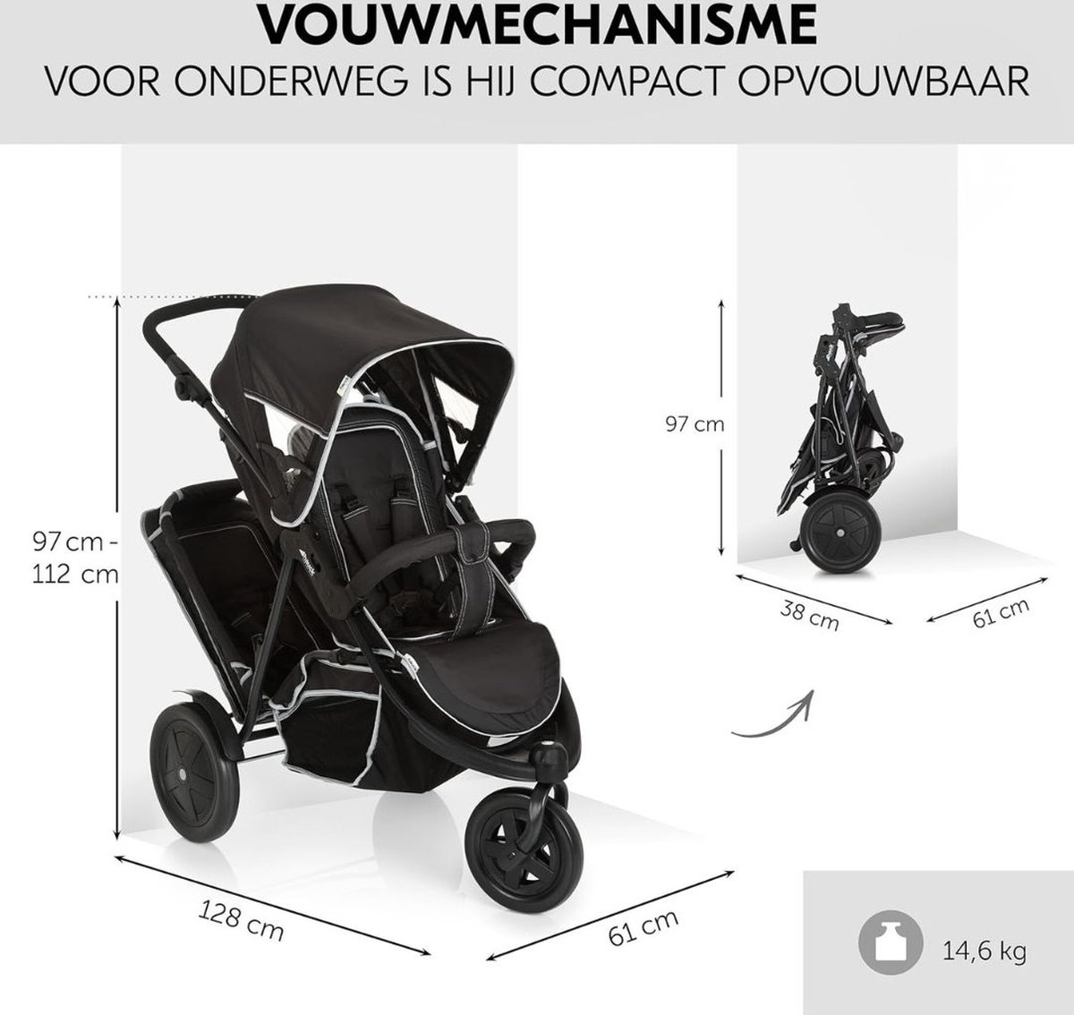 ApexArte® Duo Kinderwagen - Buggy - Tweeling - Wandelwagen - Zwart — cadeau in Cadeau-ideeën - foto 2
