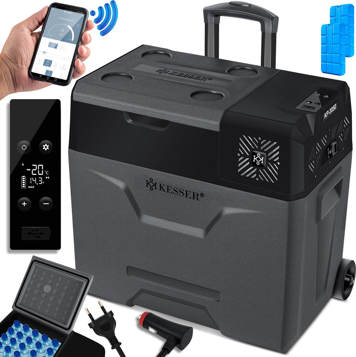 KESSER® Compressor Koelbox Elektrische Vriezer, met APP-bediening USB-aansluiting 12/24 V 230V, +Telescopische stangwielen Collbox tot -20 °C voor auto, vrachtwagen, boot, camper, camping - 50 Liter, Antraciet / Zwart