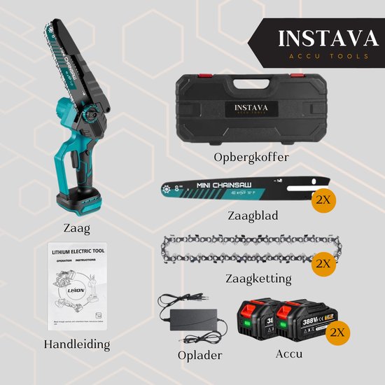 Instava Mini Kettingzaag Incl. 2x Accu - Geschikt Voor Makita 18v Accu - Incl. Opbergkoffer en Accessoires - Elektrische Takkenzaag - Snoeizaag - Houtzaag - Handkettingzaag - Boomzaag - Zaagmachine - Heggenschaar van Instava — afbeelding 5