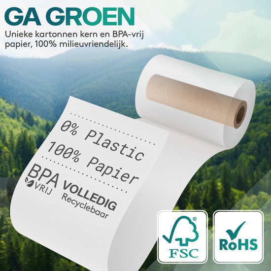 Papierrol met de tekst "0% Plastic, 100% Papier, BPA Volledig VRIJ Recyclebaar" en FSC & RoHS logo's, tegen een achtergrond van groene bergen.