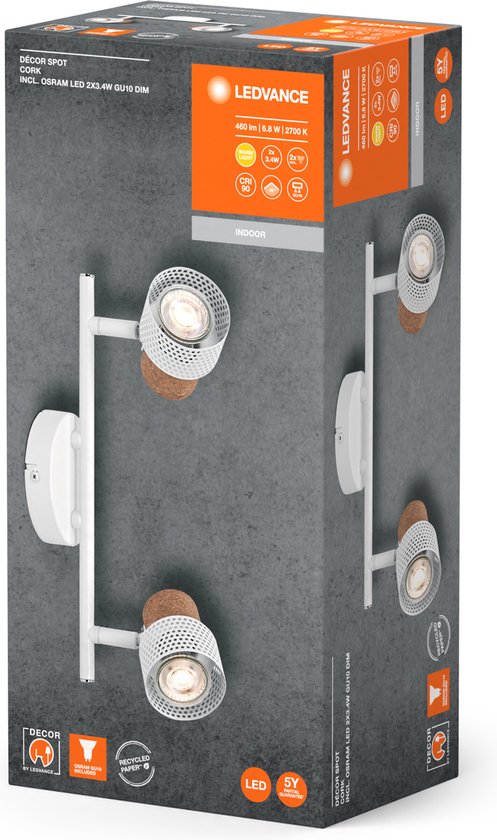 LEDVANCE DECOR SPOT CORK, 2 x 3,4W, 460lm, wit, spot, verstelbare koppen, veelzijdig gebruik, interieurspot, vervangbare ledlampen, dimbaar, warm witte lichtkleur, GU10