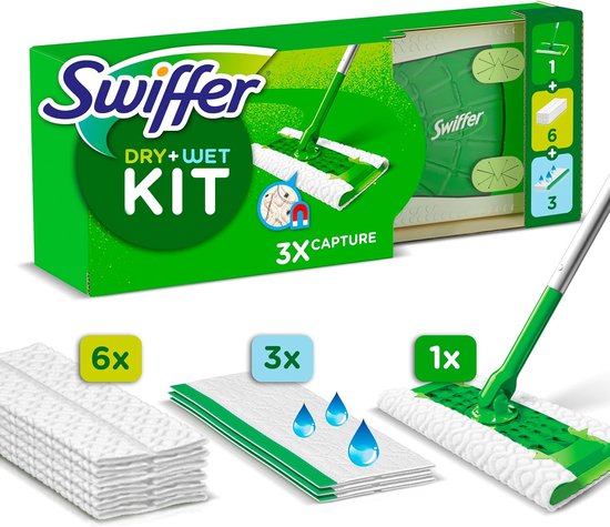 Kit Swiffer Dry+Wet avec 6 recharges sèches, 3 recharges humides et serpillière.