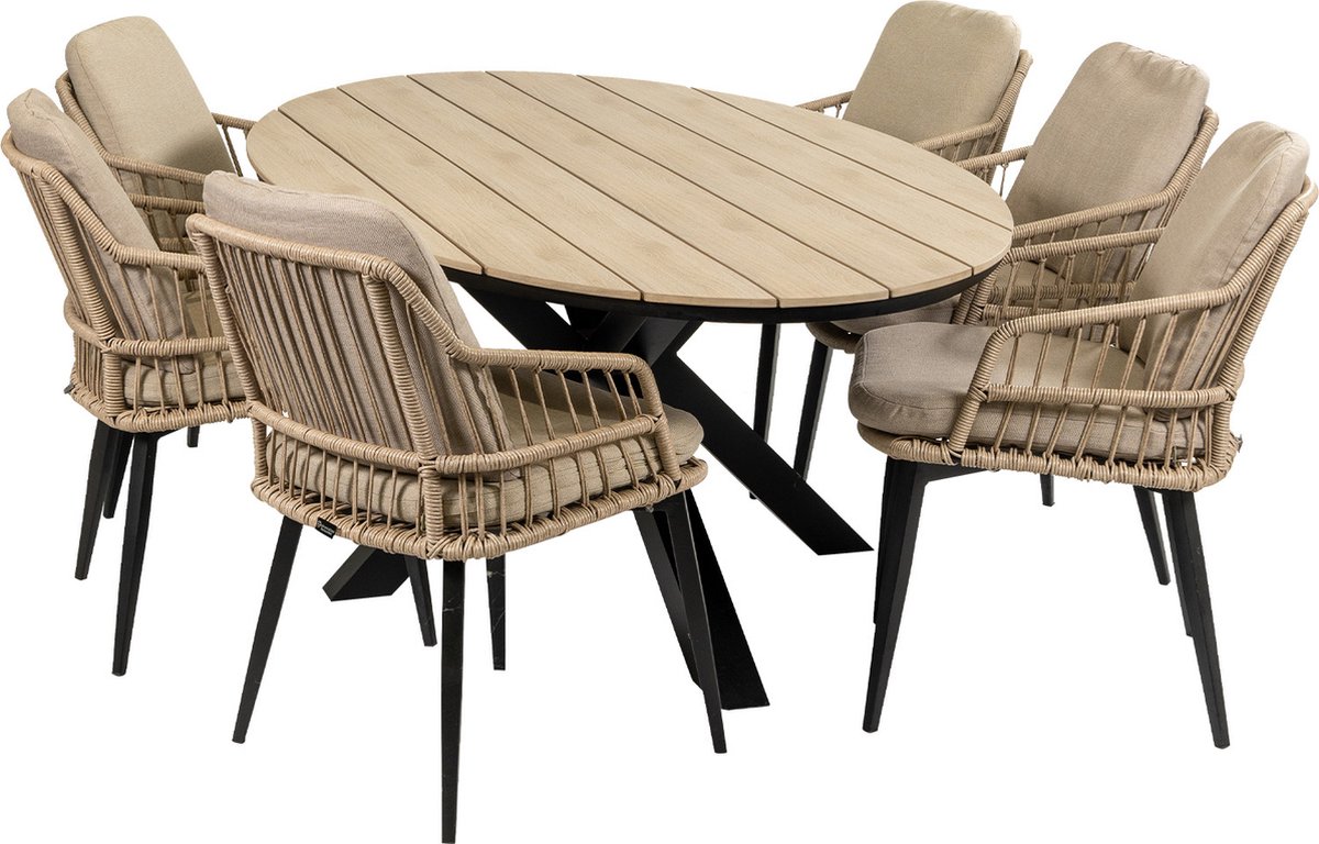 7-delige tuinset | 6 Isabel stoelen (Sand) | 220cm ovale Cyprus tuintafel (Wood)