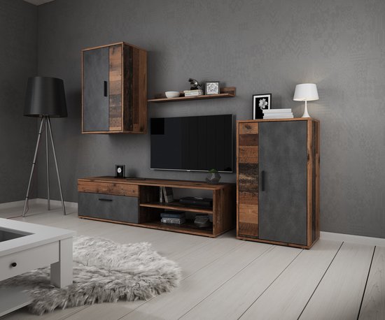 Meubella - Wandmeubel Bellini - Grijs - Donker Old Wood
