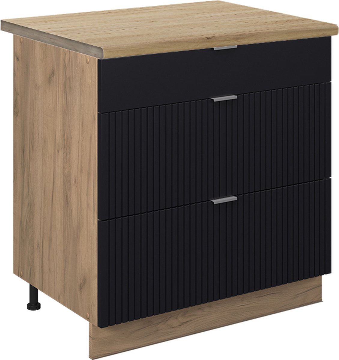 Vicco Fame-Line Keukenonderkast – 80 cm met 3 laden, WB Eik Zwart gestreept