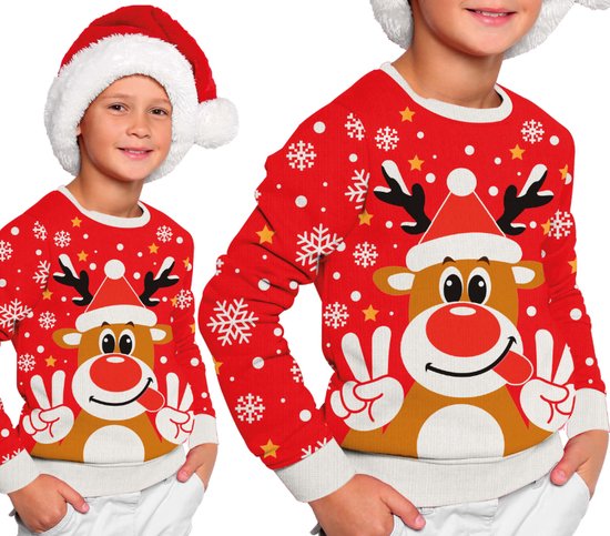 Fiestas Guirca - Kinder kersttrui rendier- 5-6 jaar - rood - 1 stuks
