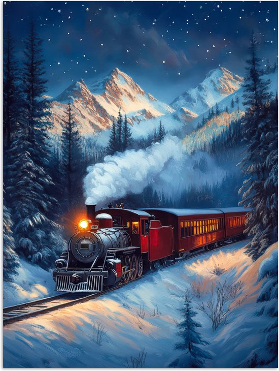 Poster 90x120 cm - Trein - Kerst - Sneeuw - Kersttrein - Posters - Kamer decoratie - Wanddecoratie woonkamer - Kerstdecoratie voor binnen - Kerstversiering - Kerstmis versiering in huis - Kerstaccessoires