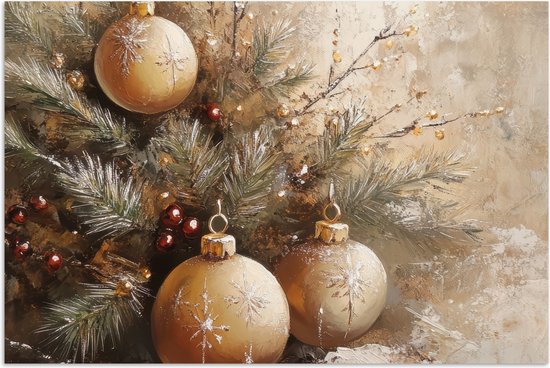 Poster 90x60 cm - Kerst - Kerstballen - Beige - Goud - Posters - Kamer decoratie - Wanddecoratie woonkamer - Kerstdecoratie voor binnen - Kerstversiering - Kerstmis versiering in huis - Kerstaccessoires