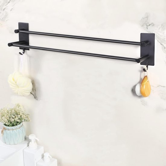 Dubbele Handdoekhouder voor aan de Muur - Zwart, 60 cm, zonder Boren, roestvrij staal, zelfklevend voor Badkamer en Keuken van Kegii — afbeelding 2