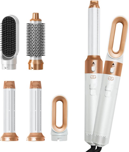 Een witte en gouden multistyler met vijf verwisselbare opzetstukken: een föhnborstel, een ronde borstel, een ovale blaaskop en twee krultangen.