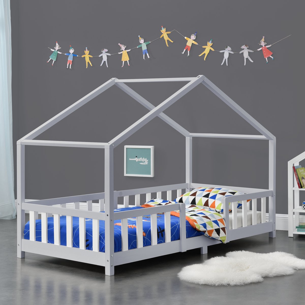 Kinderbed Treviolo huisbed 90x200 cm lichtgrijs en wit [en.casa]